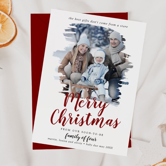 Brushed Red Family of Four Pregnancy Photo Holiday Card (Creator Uploaded)