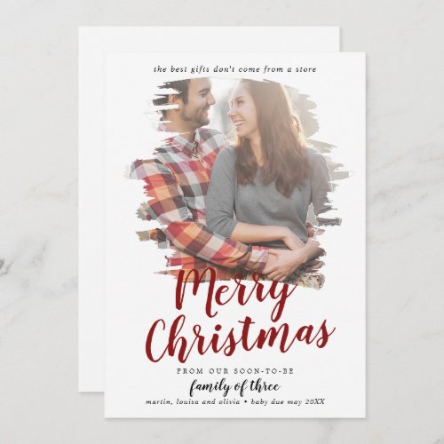Brushed Red Family of Three Pregnancy Photo Holiday Card