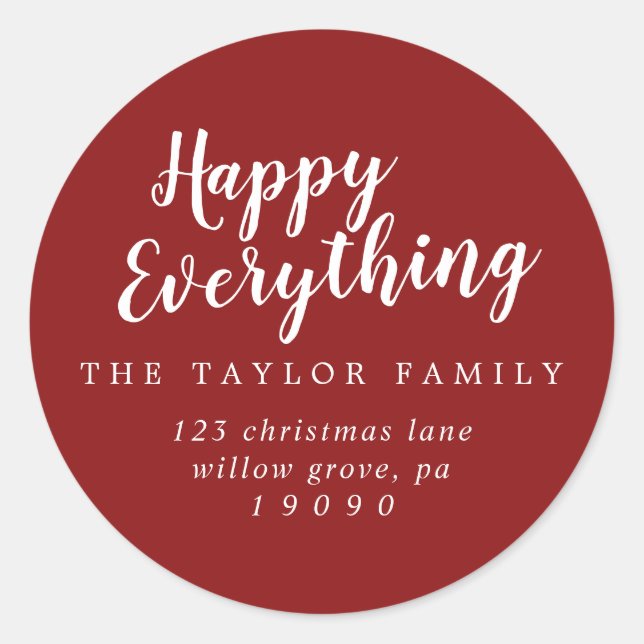 Brushed Red Happy Everything Return Address Classic Round Sticker (Front)