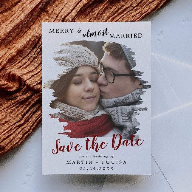 Brushed Red Merry & Almost Married Save the Date Holiday Card (Creator Uploaded)