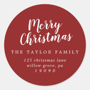 Brushed Red Merry Christmas Return Address Classic Round Sticker