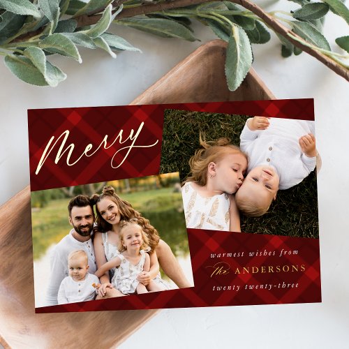 Brushed Red Plaid 3 Photo Foil Holiday Card