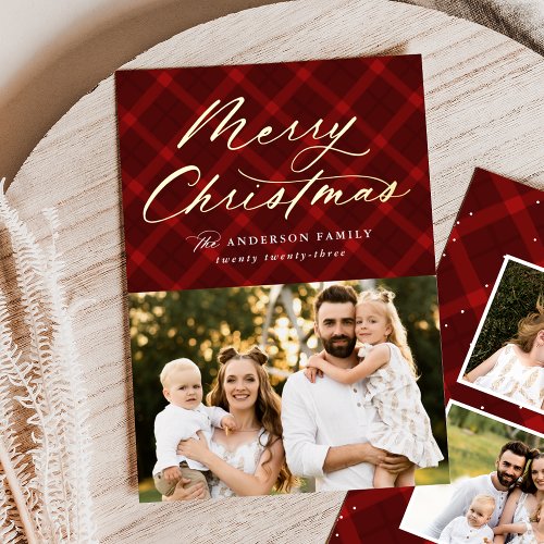 Brushed Red Plaid Merry Christmas 3 Photo Foil Holiday Card