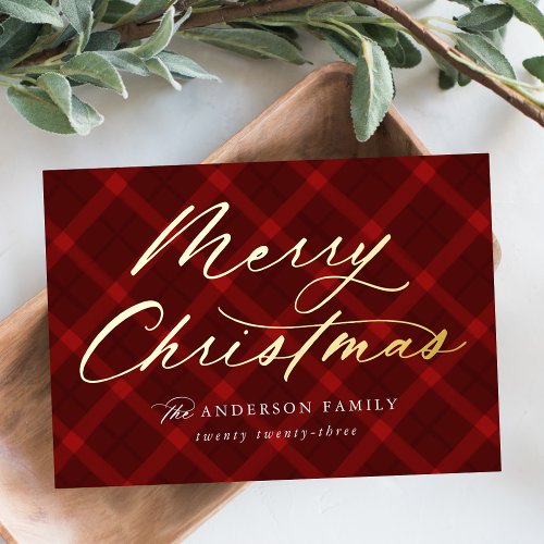 Brushed Red Plaid Merry Christmas Non_Photo Foil Holiday Card