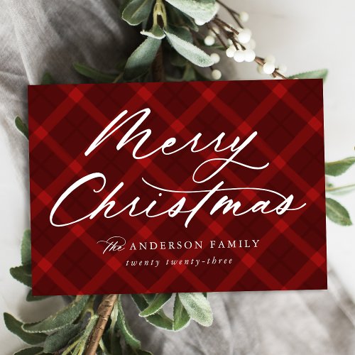 Brushed Red Plaid Merry Christmas Non_Photo Holiday Card