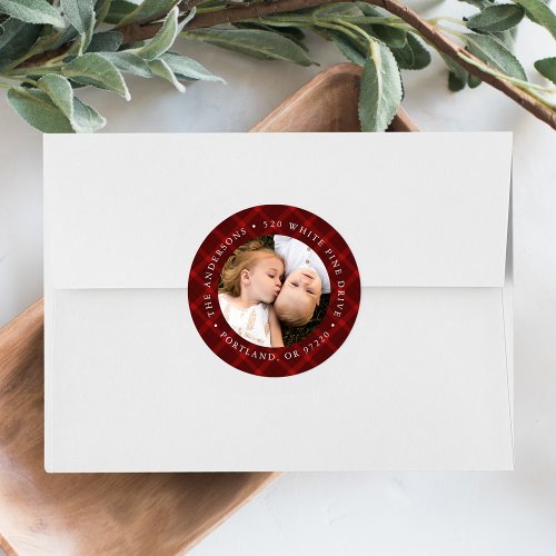 Brushed Red Plaid Photo Return Address Label