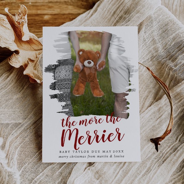 Brushed Red The More The Merrier Pregnancy Photo Holiday Card (Creator Uploaded)