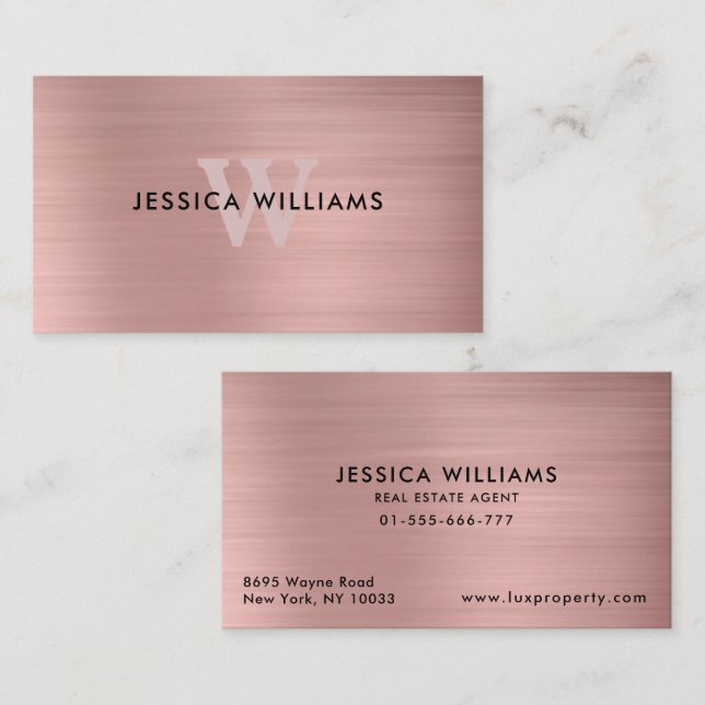 Brushed Rose Gold Monogram Elegant Modern Business Card (Front/Back)