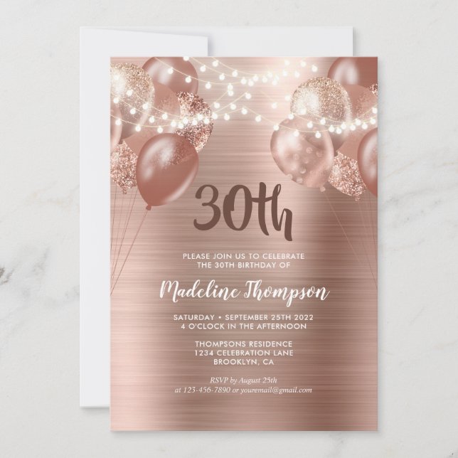 Brushed Rose Gold String Light Balloon Birthday Invitation (Front)