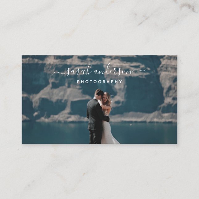 Brushed Script Modern Typography Photographer Business Card (Front)