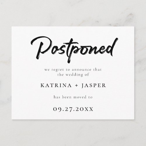 Brushed Script Postponed Wedding Announcement Postcard