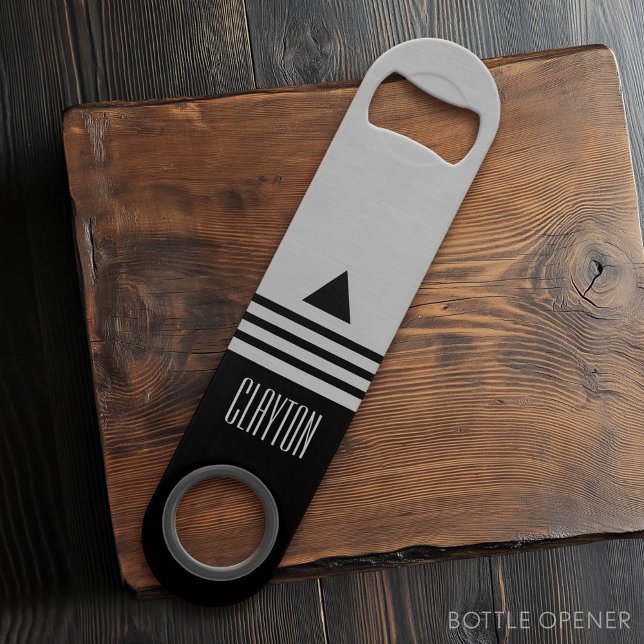 Brushed Silver and Black Manly Design Custom Name Bar Key (Custom Monogram Bottle Opener)