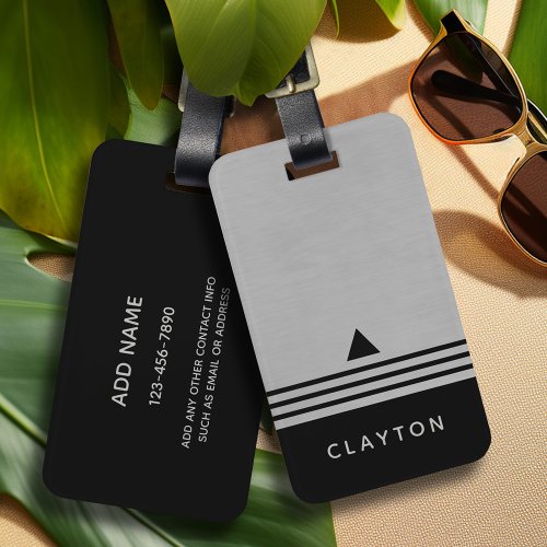 Brushed Silver and Black Manly Design Custom Name Luggage Tag