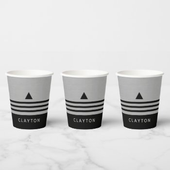 Brushed Silver And Black Manly Design Custom Name Paper Cups by icases at Zazzle