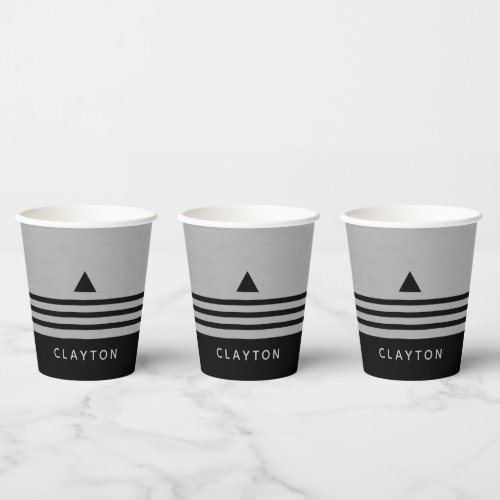 Brushed Silver and Black Manly Design Custom Name Paper Cups