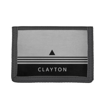 Brushed Silver And Black Manly Design Custom Name Trifold Wallet by icases at Zazzle