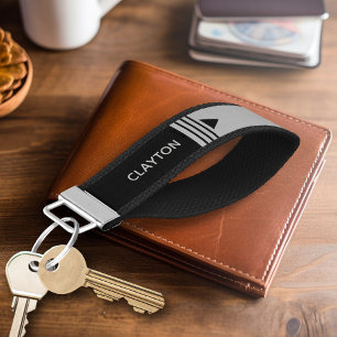 Brushed Silver and Black Manly Design Custom Name Wrist Keychain