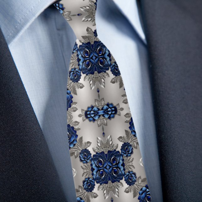 Brushed Silver and Blue Metallic Roses Neck Tie (Creator Uploaded)