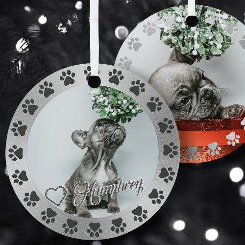 Brushed Silver  Black Paw Pet Name Christmas Tree Metal Ornament