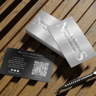 Brushed Silver Metal Nail Salon/Technician QR Code Raised Spot UV Business Card