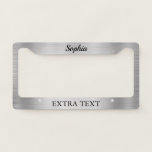 Brushed Silver Metal, Name & Extra Text, Black License Plate Frame<br><div class="desc">Personalize this design with your name and extra text in black text on faux brushed silver metal. The extra text line provides space for your favorite expression,  state or delete. Click “Customize” to change colors and type styles.</div>