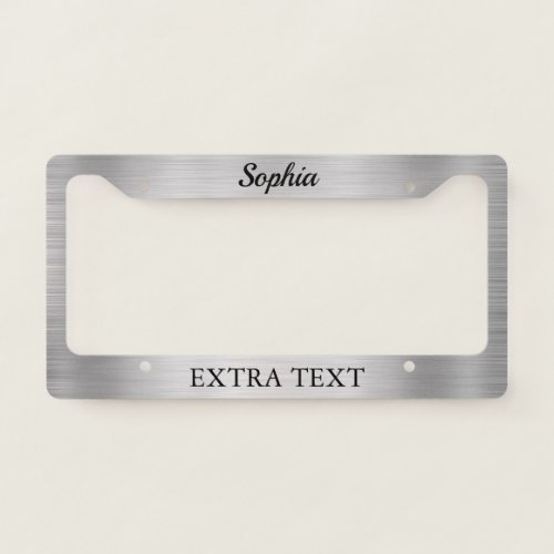 Brushed Silver Metal Name  Extra Text Black License Plate Frame