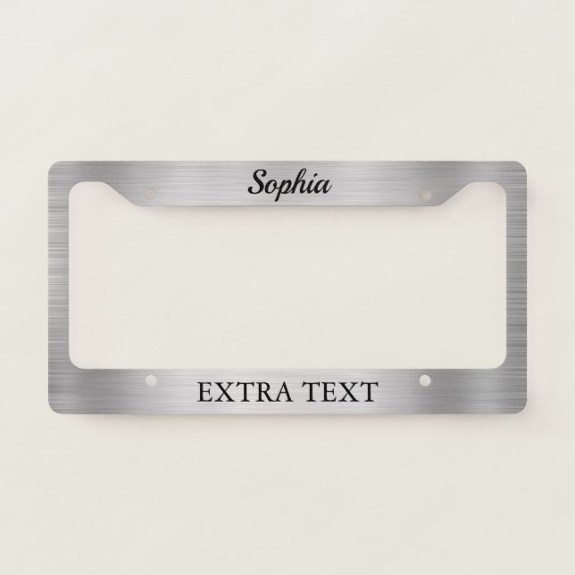 Brushed Silver Metal, Name & Extra Text, Black License Plate Frame (Front)