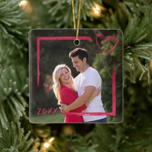 Brushed Square Outline and Heart Photo Year Ceramic Ornament