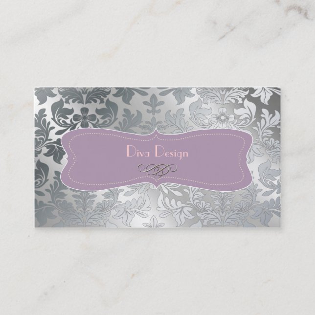 Brushed steel baroque damask business card (Front)