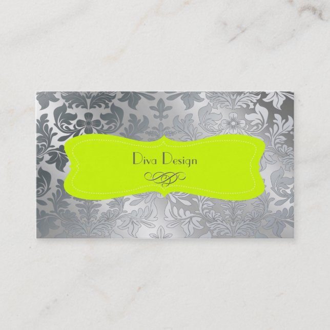 Brushed steel baroque damask/fluorescent green business card (Front)
