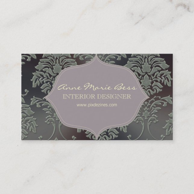 Brushed steel damask, lilac accent business card (Front)