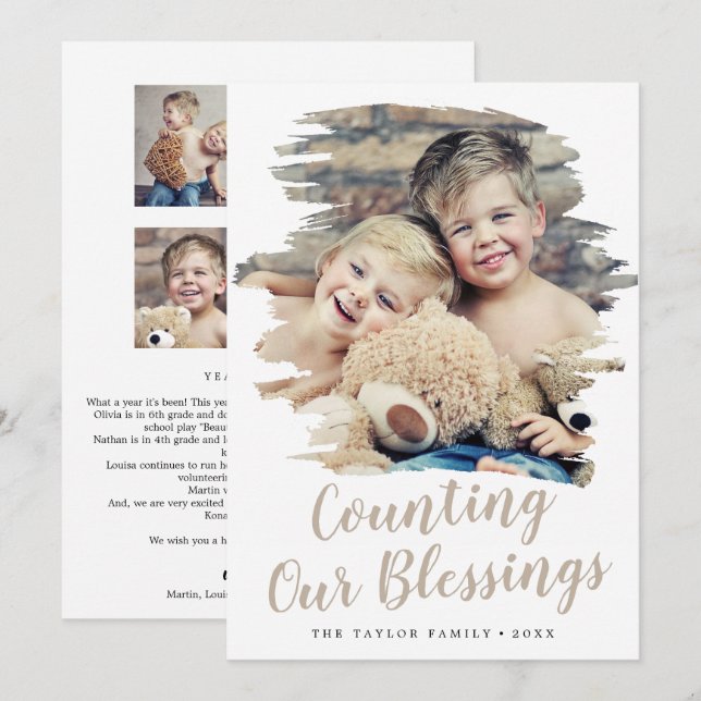 Brushed Tan Counting Our Blessings Year In Review Holiday Card (Front/Back)