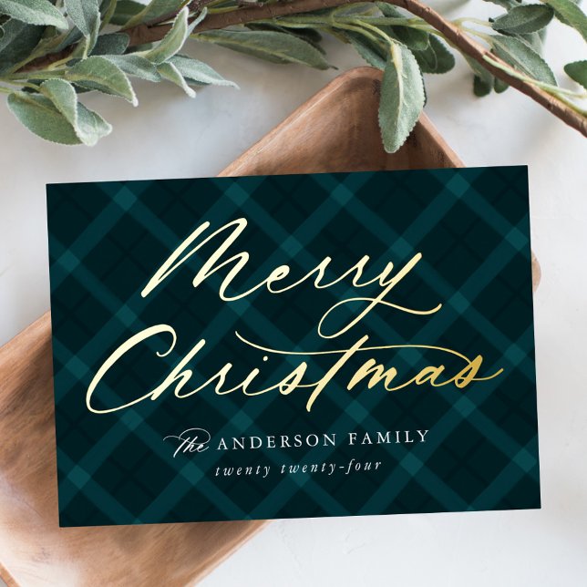 Brushed Teal Plaid Merry Christmas Non-Photo Foil Holiday Card (Creator Uploaded)