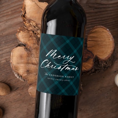 Brushed Teal Plaid Merry Christmas Wine Label