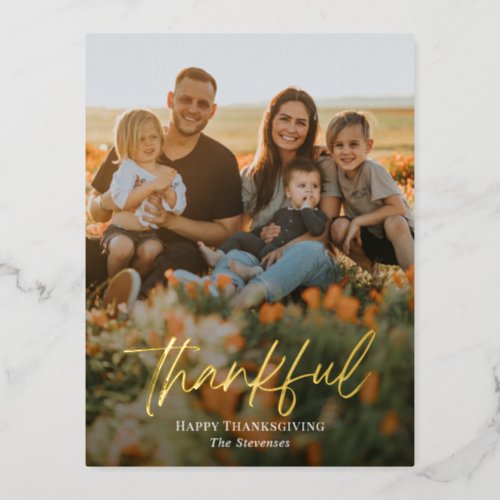 Brushed Thankful Foil Photo Thanksgiving Postcard