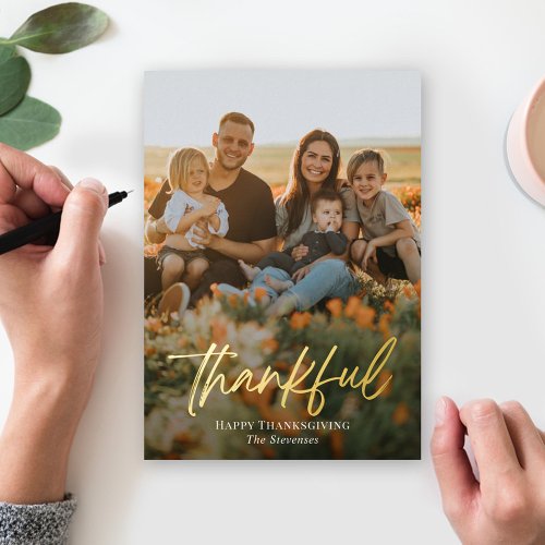 Brushed Thankful Foil Thanksgiving Photo Card