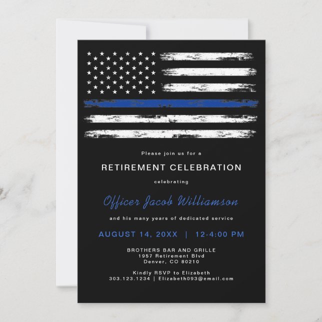 Brushed Thin Blue Line Police Office Retirement Invitation (Front)