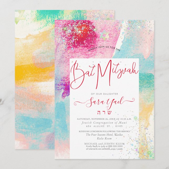 Brushed Watercolor Holographic Glitter Mitzvah Invitation (Front/Back)