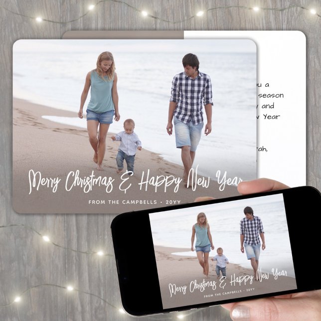 Brushed White Script Christmas & New Years 2 Photo Holiday Card (Creator Uploaded)
