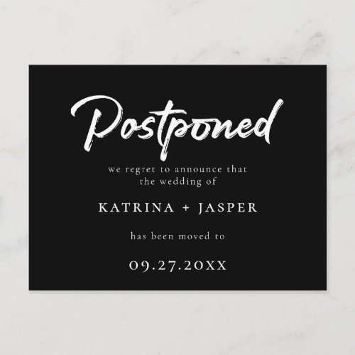 Brushed White Script Postponed Wedding Announcement Postcard