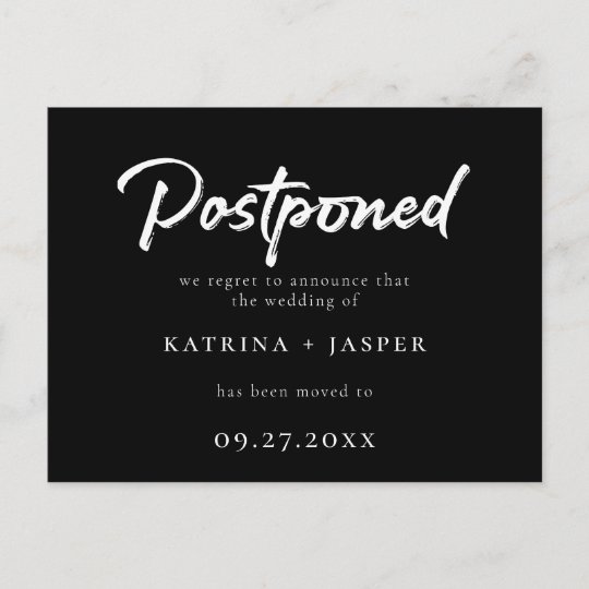 Brushed White Script Postponed Wedding Announcement Postcard