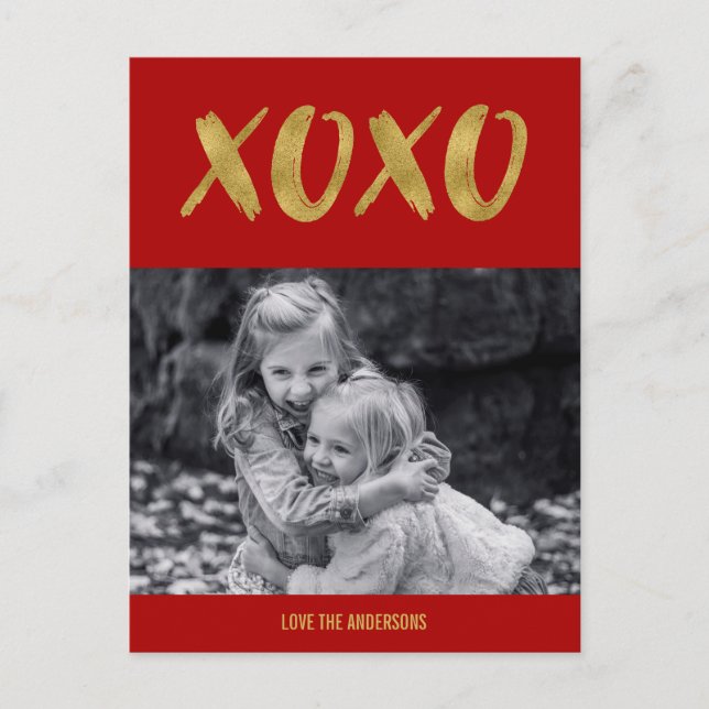 Brushed XOXO Gold Foil Valentine Photo Postcard (Front)
