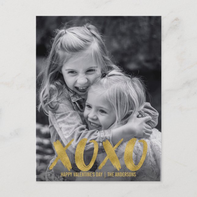 Brushed XOXO Gold Foil Valentine Photo Postcard (Front)