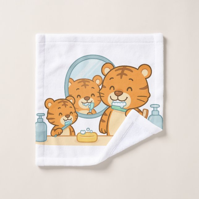 Brushing Tigers – Cute Morning Routine Bath Towel Set (Wash Cloth)