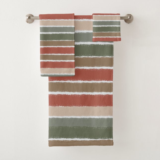 BrushLine-Stripes in Earthy Reds, Green & Neutrals Bath Towel Set (Insitu)