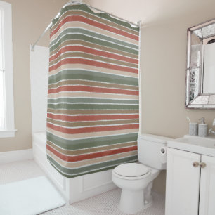 BrushLine-Stripes in Earthy Reds, Green & Neutrals Shower Curtain