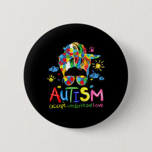 Brushstroke Autism Awareness Accept Love Messy Bun Button