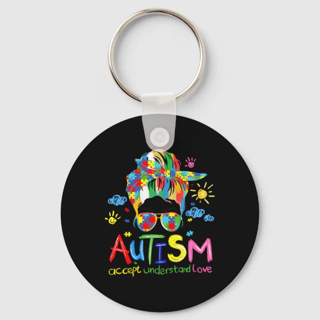 Brushstroke Autism Awareness Accept Love Messy Bun Keychain (Front)