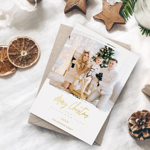 Brushstroke Christmas Golden Effect Custom Photo Foil Holiday Card