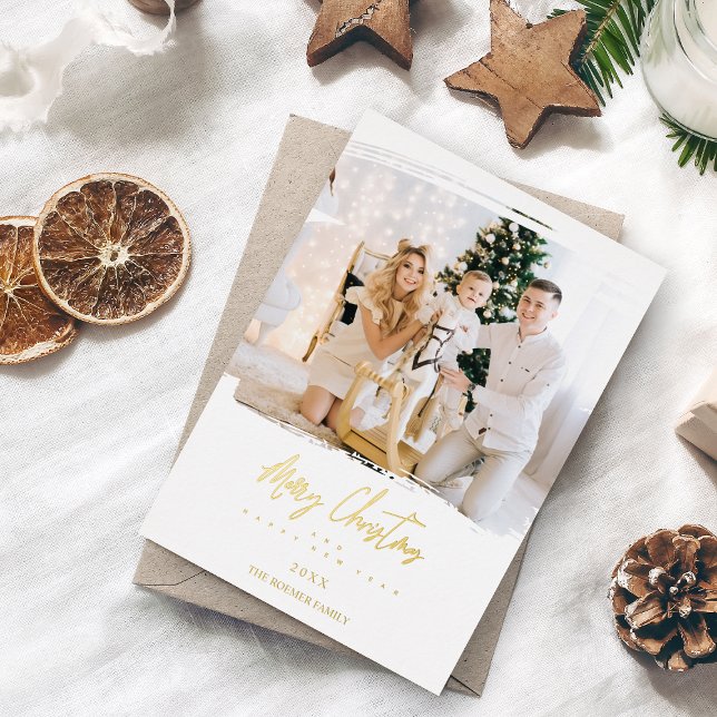 Brushstroke Christmas Golden Effect Custom Photo Foil Holiday Card (Creator Uploaded)